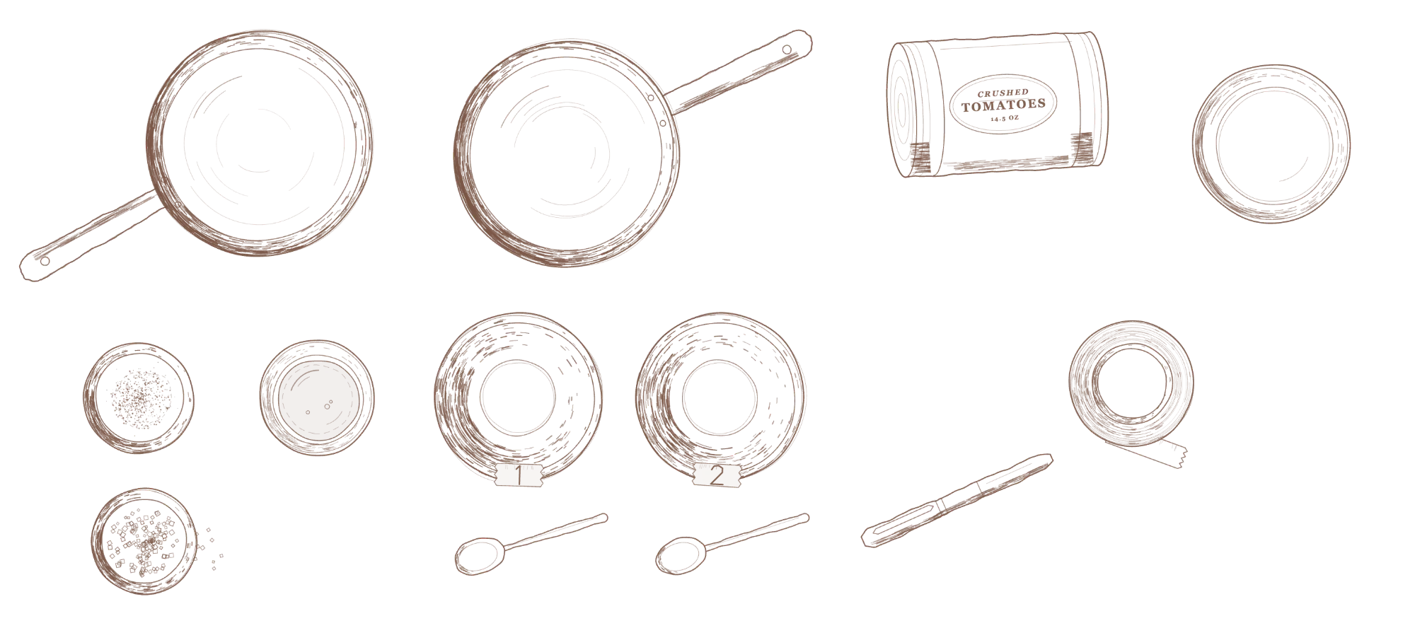 Line drawing of the drill laid out: two skillets, a can of crushed tomatoes, small dishes of cumin, oil, and salt, two bowls taped 1 and 2 with a spoon each, a roll of masking tape, and a marker