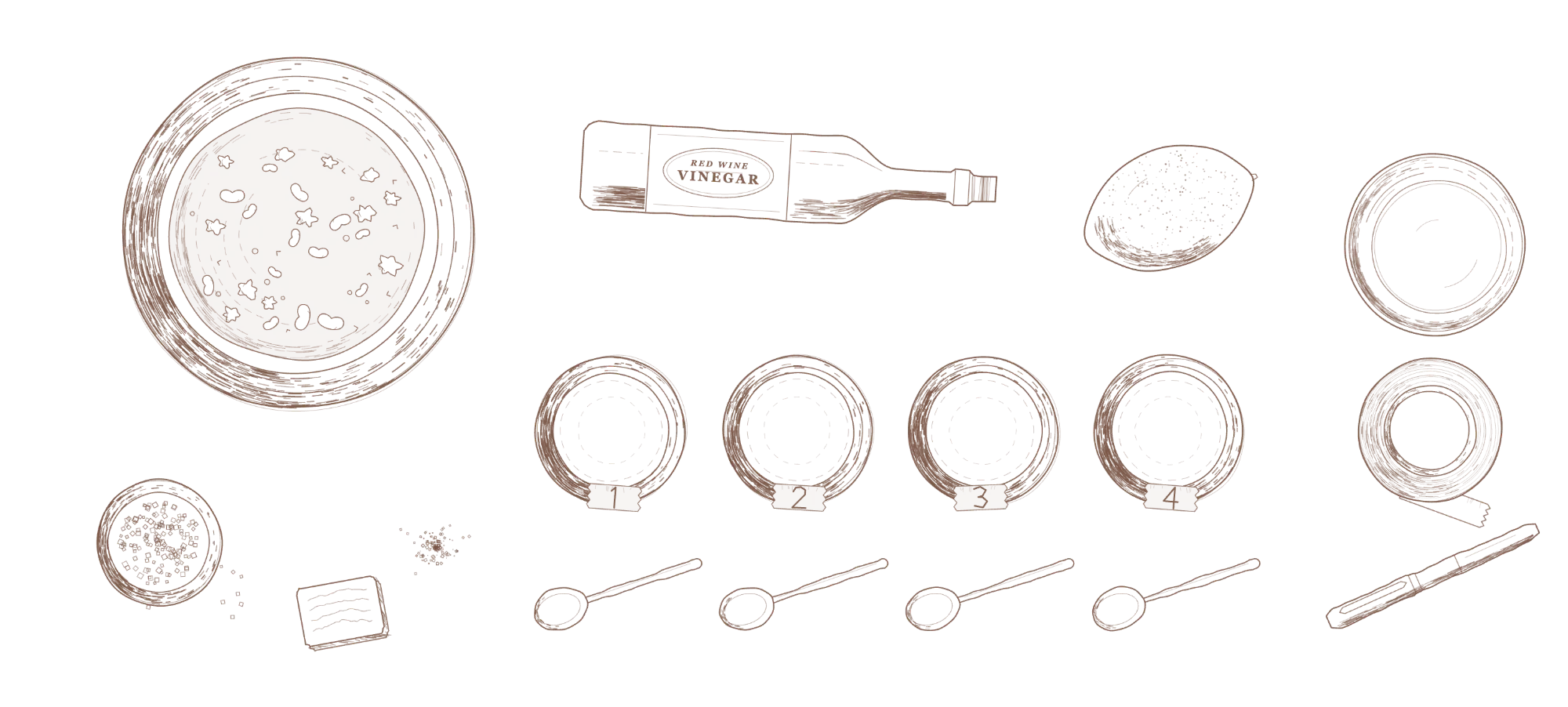 Line drawing of the drill laid out: a bowl of bean stew, a bottle of red wine vinegar, a lemon, four small bowls taped 1 to 4 with a spoon each, a dish of salt, a pat of butter, a roll of masking tape, and a marker