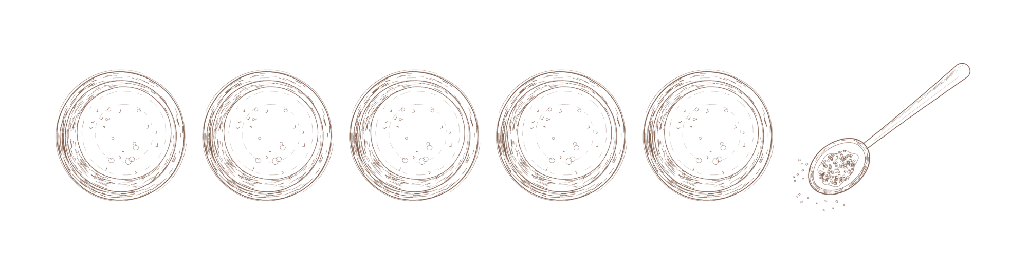 Line drawing of five small bowls of broth in a row, next to a spoonful of coarse salt